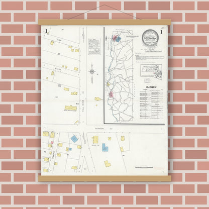Old map wall art mockup — magnetic wood frame on brick wall — Sanborn Fire Insurance Map from Seekonk, Bristol County, Massachusetts (1930), Sheet #0001