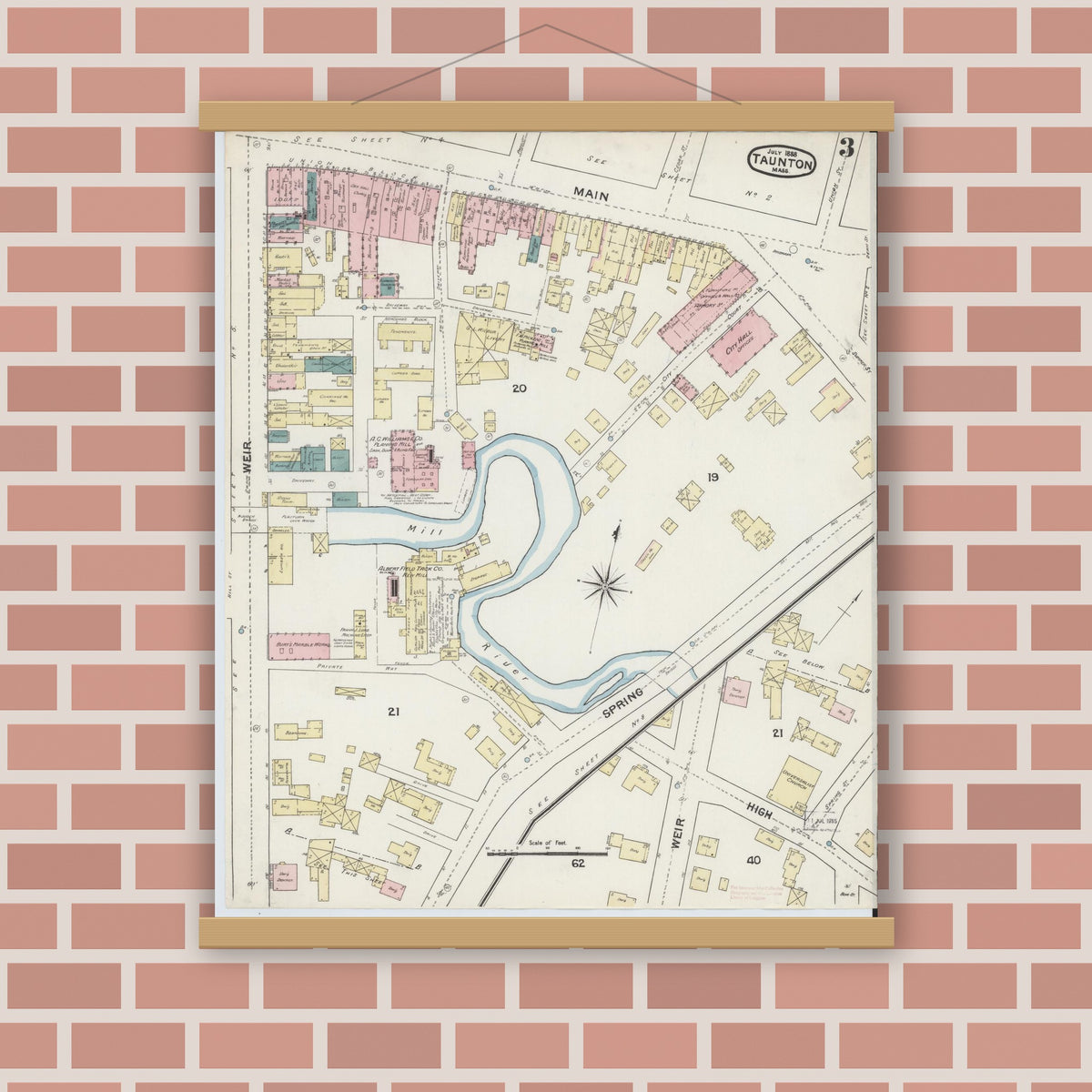 Old map wall art mockup — magnetic wood frame on brick wall — Sanborn Fire Insurance Map from Taunton, Bristol County, Massachusetts (1888), Sheet #0003