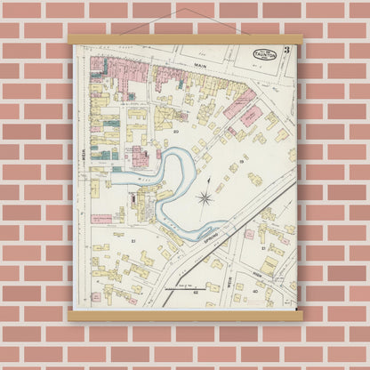 Old map wall art mockup — magnetic wood frame on brick wall — Sanborn Fire Insurance Map from Taunton, Bristol County, Massachusetts (1888), Sheet #0003