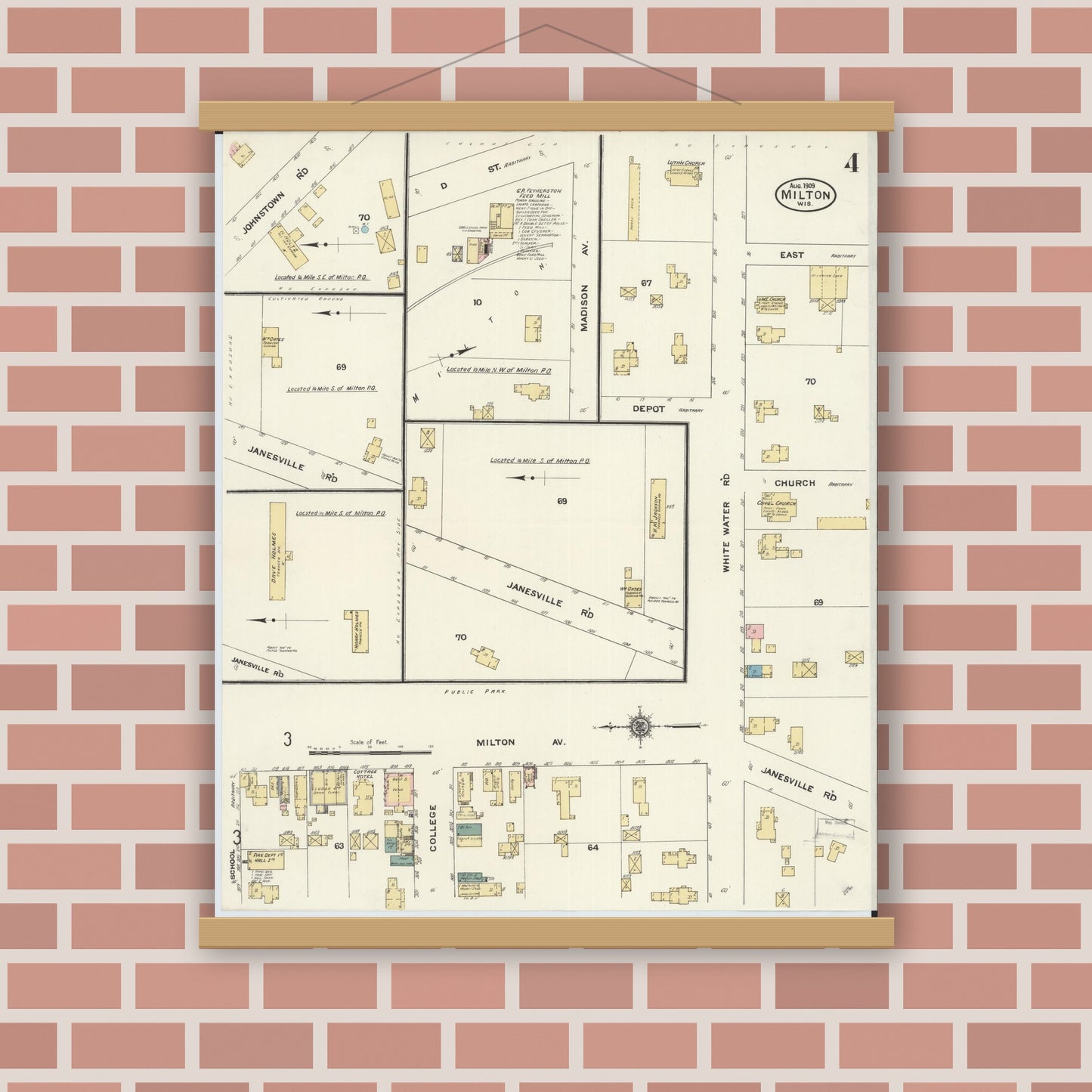 Old map wall art mockup — magnetic wood frame on brick wall — Sanborn Fire Insurance Map from Milton, Rock County, Wisconsin (1909), Sheet #0004