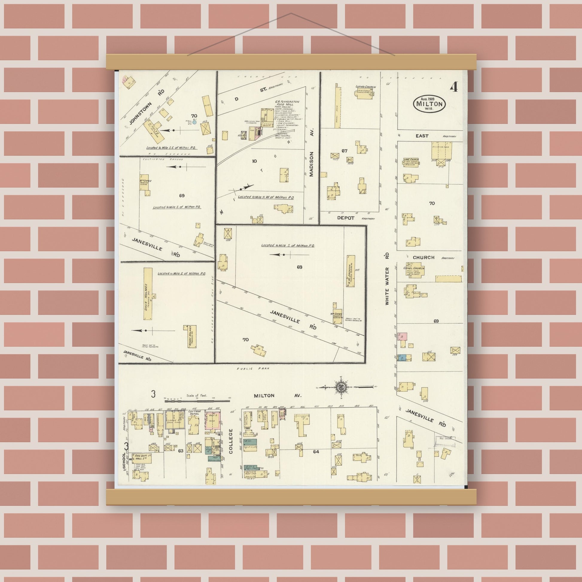 Old map wall art mockup — magnetic wood frame on brick wall — Sanborn Fire Insurance Map from Milton, Rock County, Wisconsin (1909), Sheet #0004