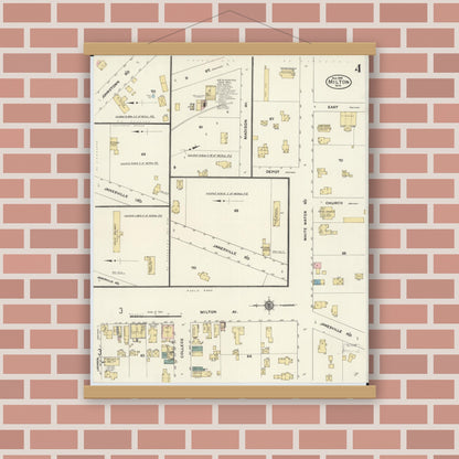 Old map wall art mockup — magnetic wood frame on brick wall — Sanborn Fire Insurance Map from Milton, Rock County, Wisconsin (1909), Sheet #0004