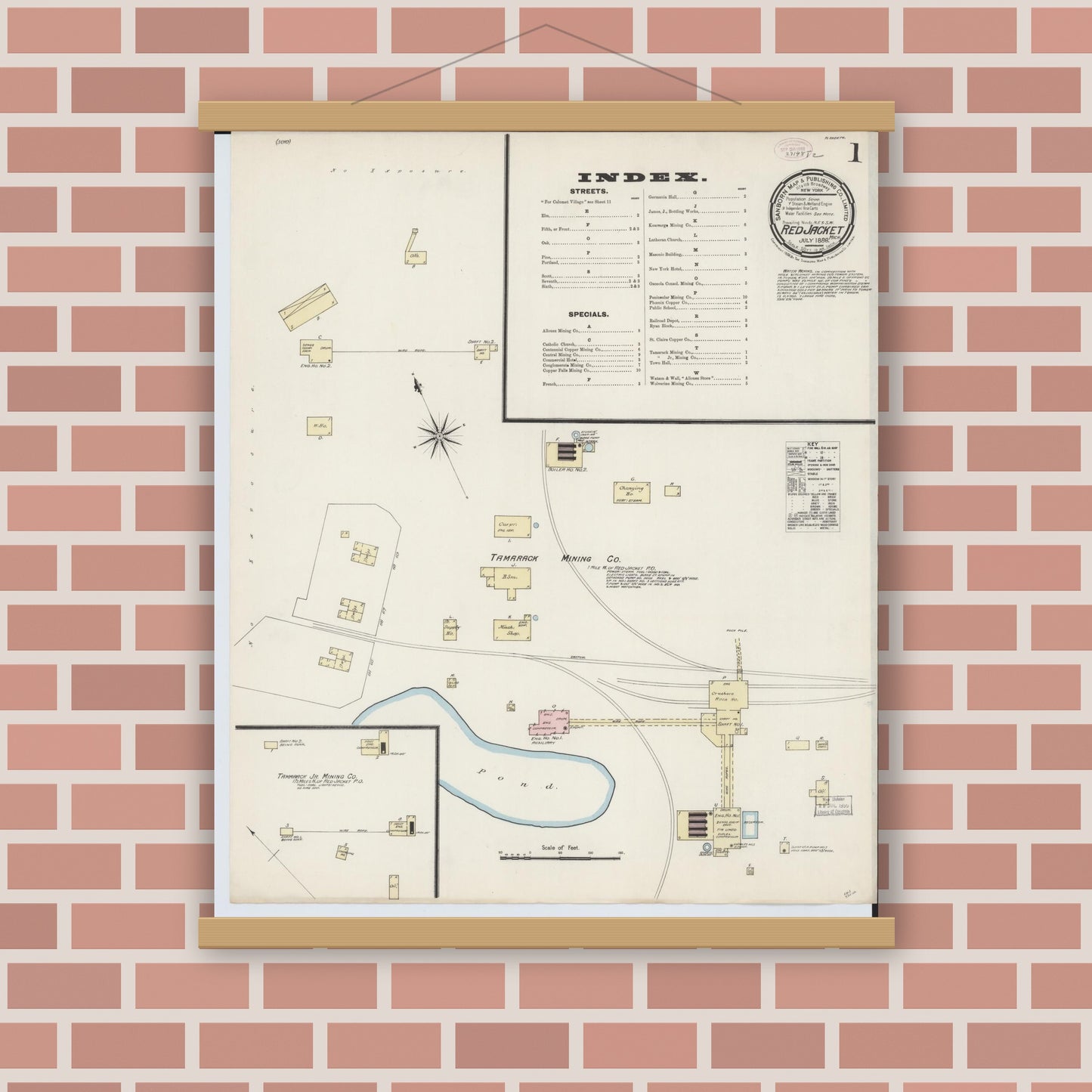 Old map wall art mockup — magnetic wood frame on brick wall — Sanborn Fire Insurance Map from Red Jacket, Houghton County, Michigan (1888) - Complete Map Set