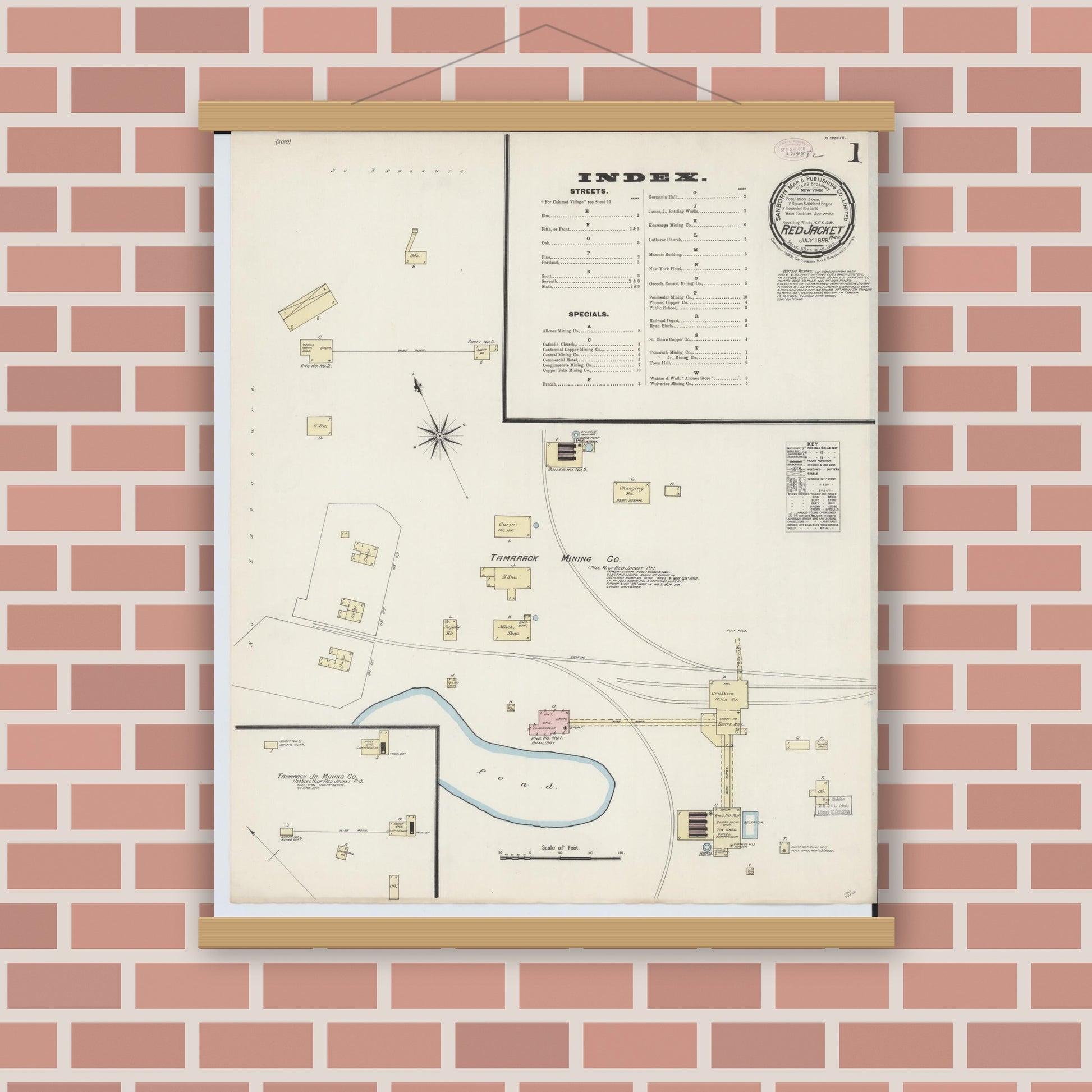 Old map wall art mockup — magnetic wood frame on brick wall — Sanborn Fire Insurance Map from Red Jacket, Houghton County, Michigan (1888) - Complete Map Set