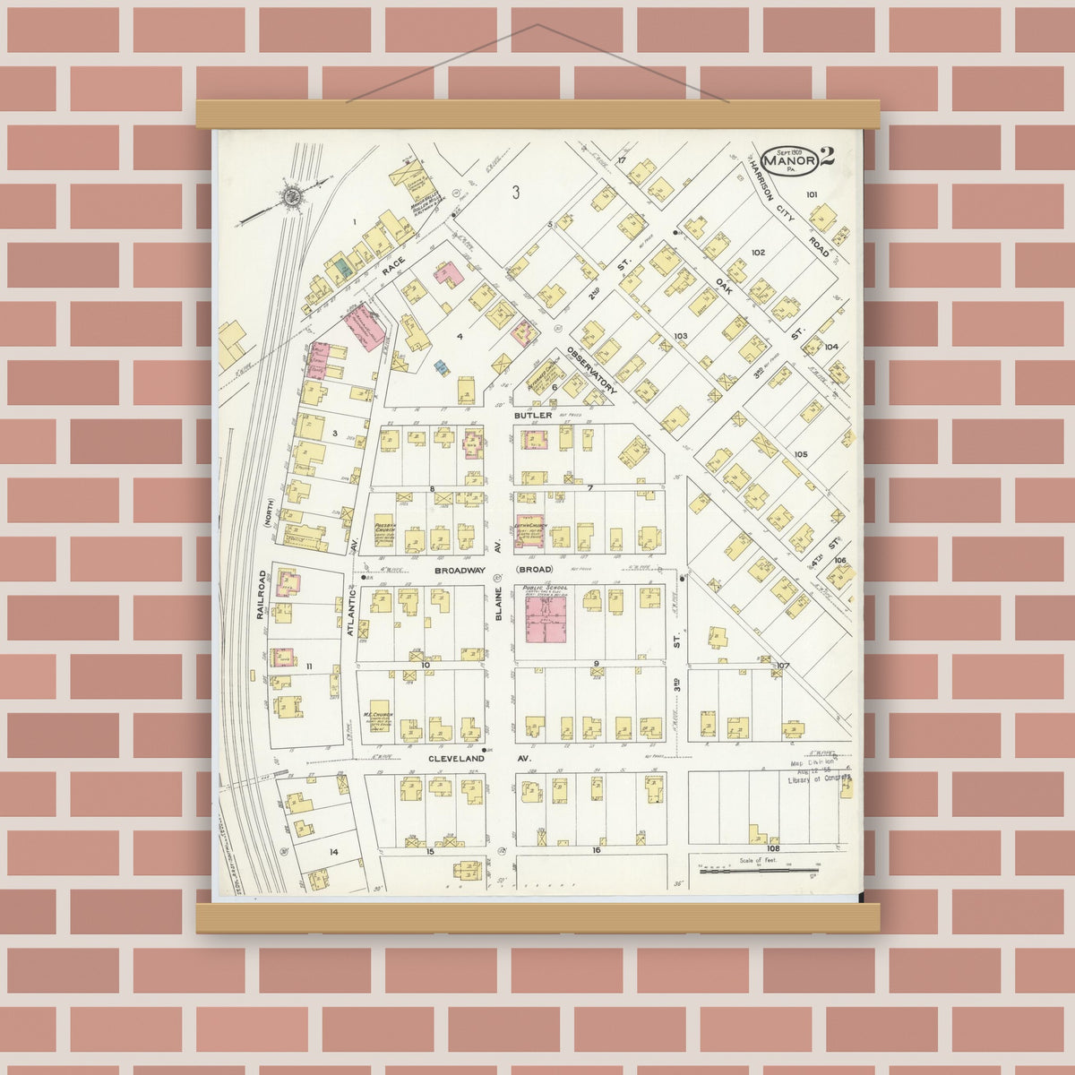 Old map wall art mockup — magnetic wood frame on brick wall — Sanborn Fire Insurance Map from Manor, Westmoreland County, Pennsylvania (1909), Sheet #0002