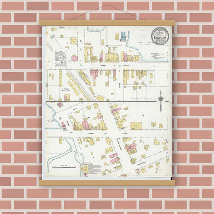 Old map wall art mockup — magnetic wood frame on brick wall — Sanborn Fire Insurance Map from Brighton, Livingston County, Michigan (1910), Sheet #0001