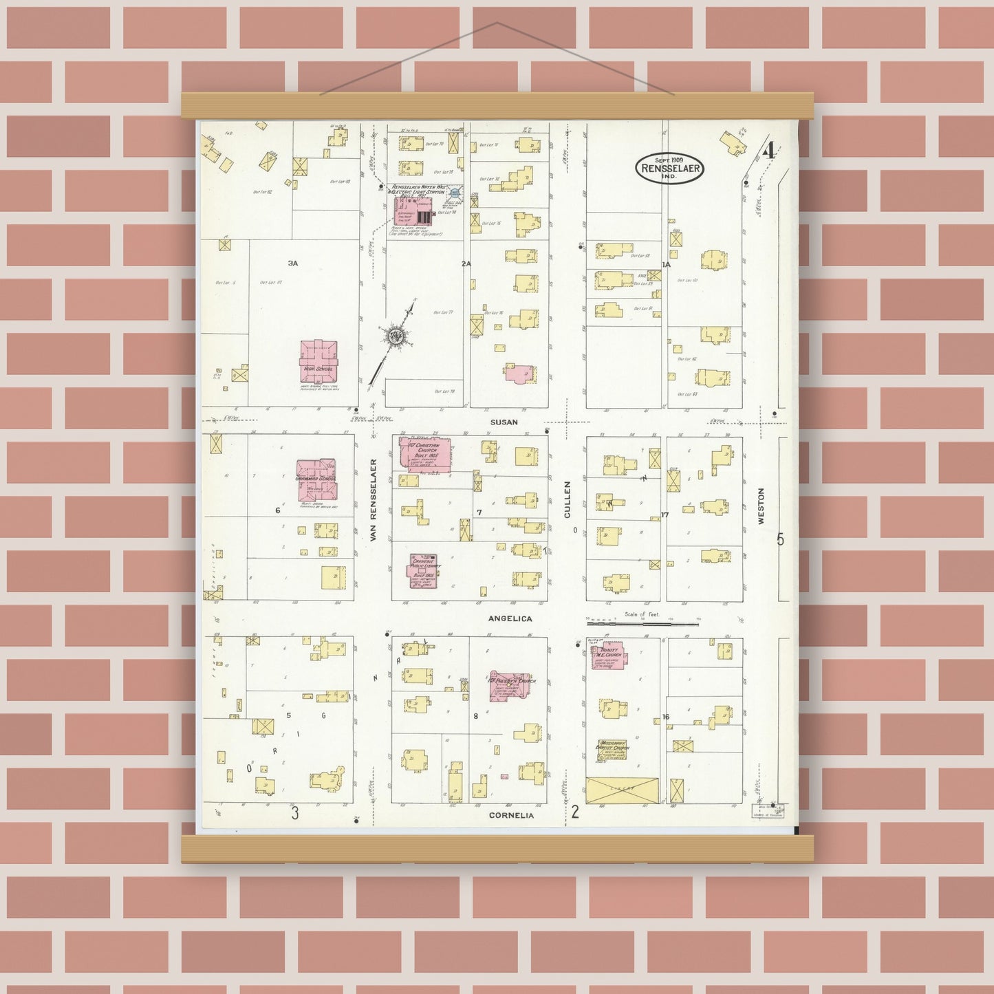 Old map wall art mockup — magnetic wood frame on brick wall — Sanborn Fire Insurance Map from Rensselaer, Jasper County, Indiana (1909), Sheet #0004