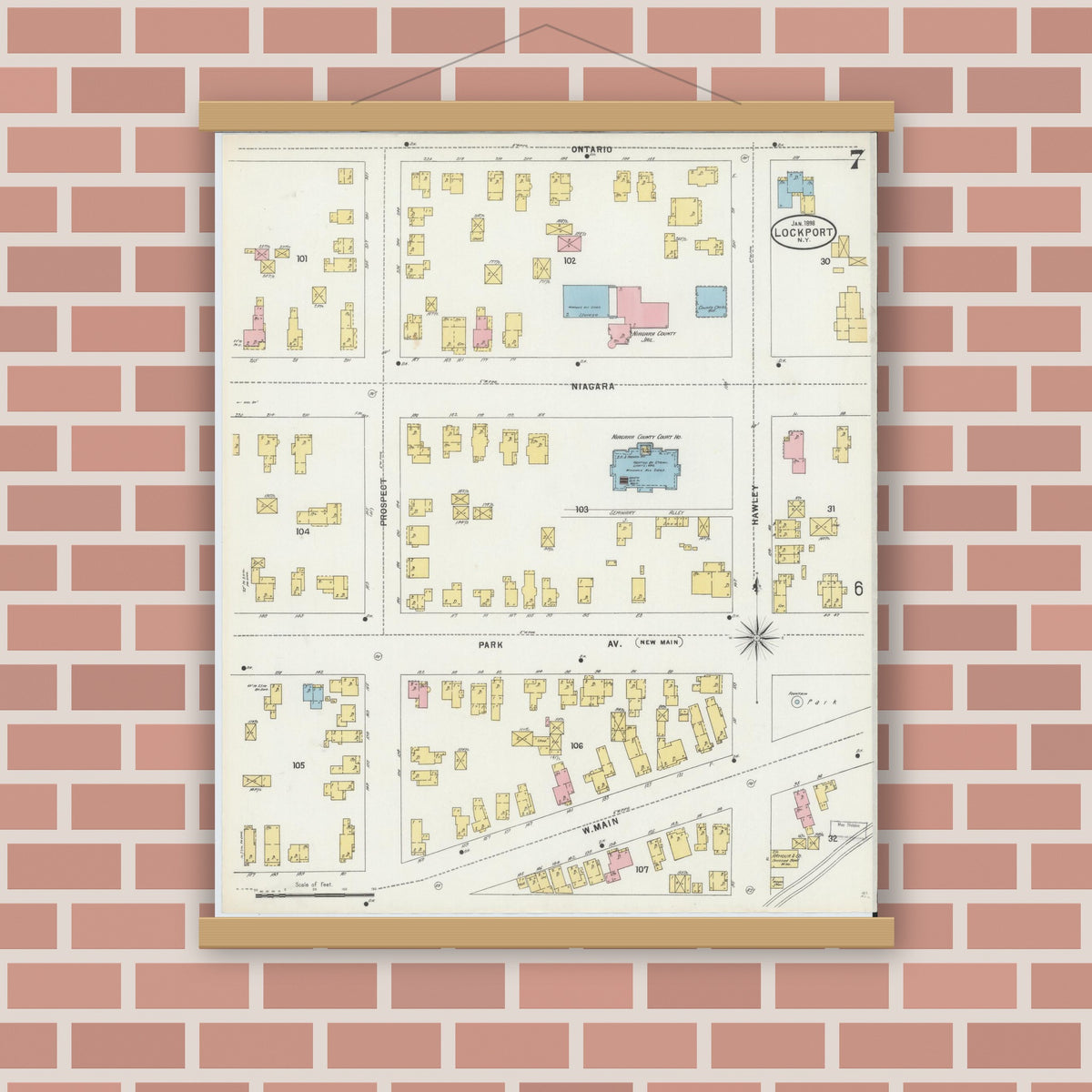 Old map wall art mockup — magnetic wood frame on brick wall — Sanborn Fire Insurance Map from Lockport, Niagara County, New York (1898), Sheet #0007