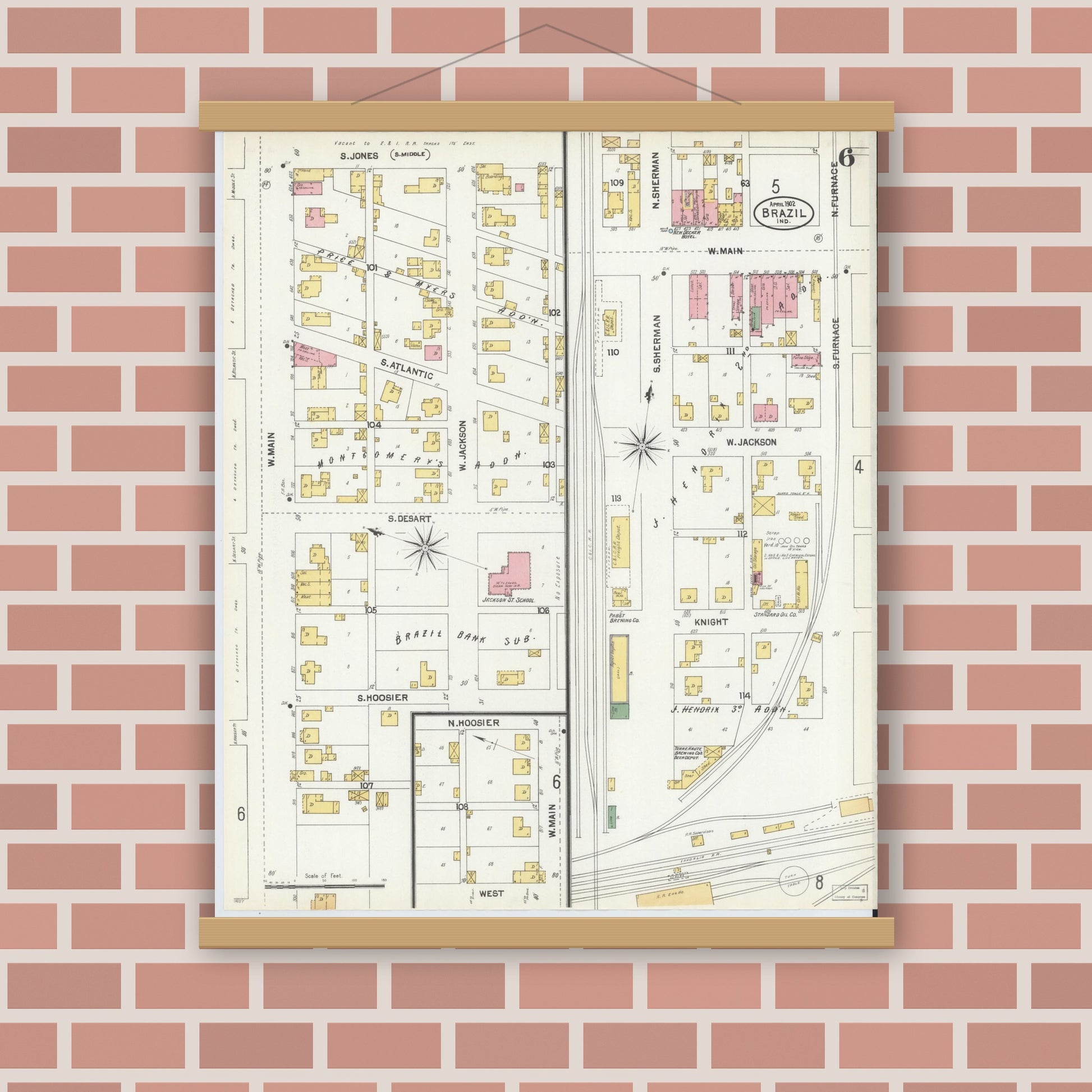 Old map wall art mockup — magnetic wood frame on brick wall — Sanborn Fire Insurance Map from Brazil, Clay County, Indiana (1902), Sheet #0006