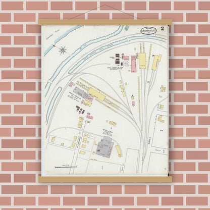 Old map wall art mockup — magnetic wood frame on brick wall — Sanborn Fire Insurance Map from Sharpsville, Mercer County, Pennsylvania (1895), Sheet #0002