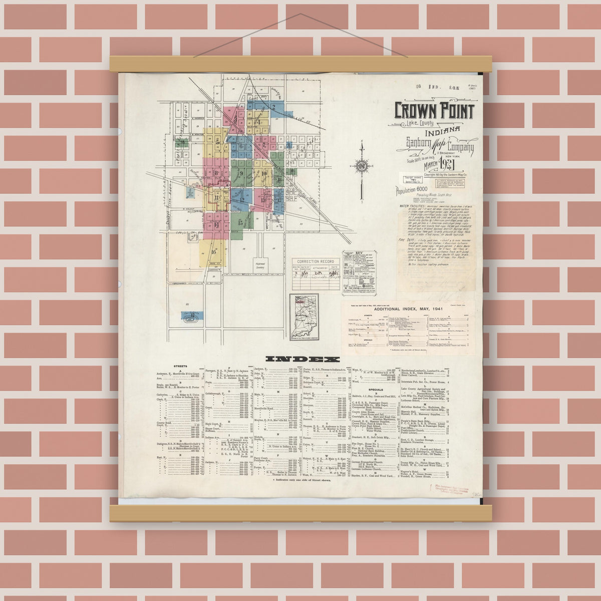 Old map wall art mockup — magnetic wood frame on brick wall — Sanborn Fire Insurance Map from Crown Point, Lake County, Indiana (1948), Sheet #0001