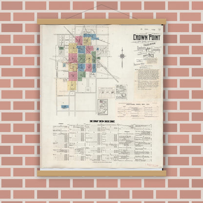 Old map wall art mockup — magnetic wood frame on brick wall — Sanborn Fire Insurance Map from Crown Point, Lake County, Indiana (1948), Sheet #0001