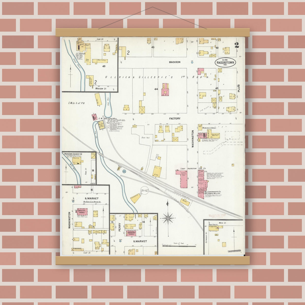 Old map wall art mockup — magnetic wood frame on brick wall — Sanborn Fire Insurance Map from Hagerstown, Wayne County, Indiana (1901), Sheet #0002