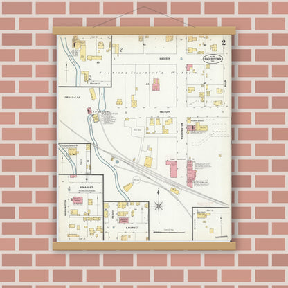 Old map wall art mockup — magnetic wood frame on brick wall — Sanborn Fire Insurance Map from Hagerstown, Wayne County, Indiana (1901), Sheet #0002