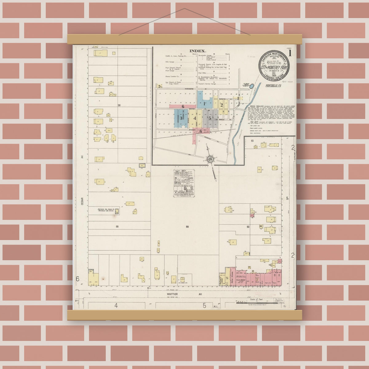 Old map wall art mockup — magnetic wood frame on brick wall — Sanborn Fire Insurance Map from Monterey Park, Los Angeles County, California (1920), Sheet #0001