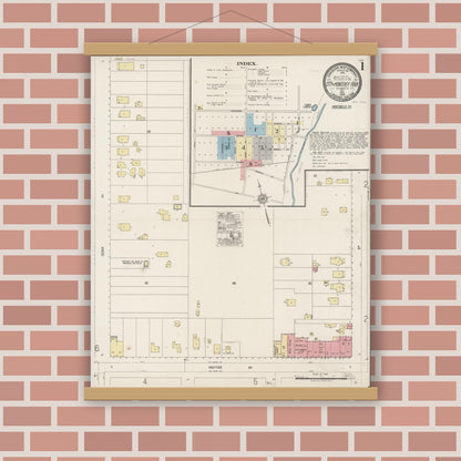 Old map wall art mockup — magnetic wood frame on brick wall — Sanborn Fire Insurance Map from Monterey Park, Los Angeles County, California (1920), Sheet #0001