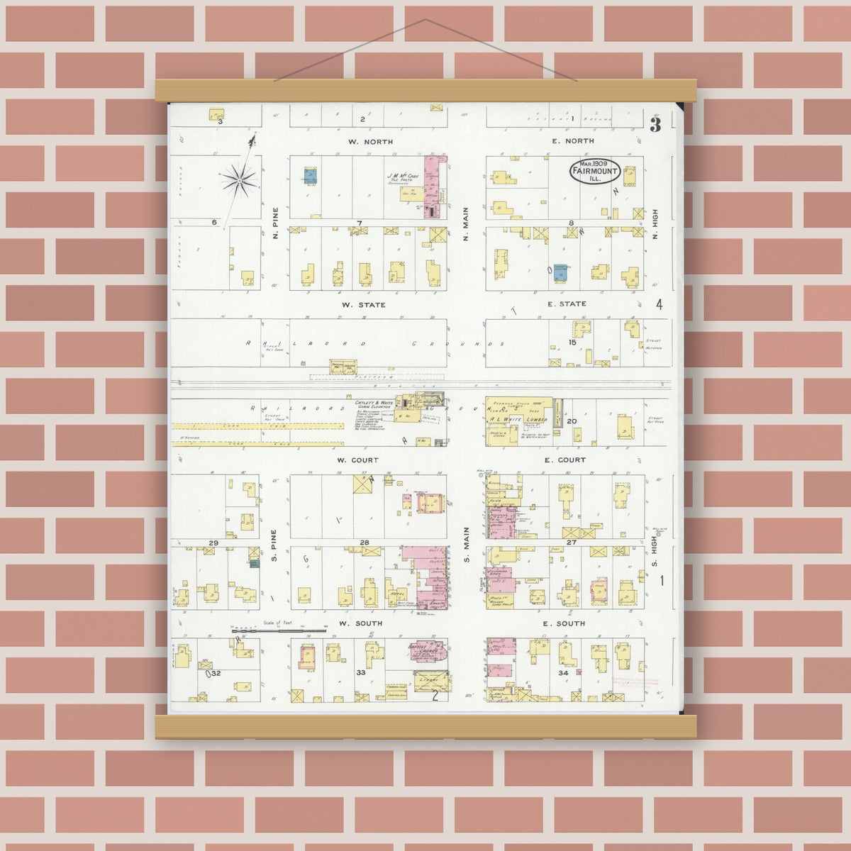 Old map wall art mockup — magnetic wood frame on brick wall — Sanborn Fire Insurance Map from Fairmount, Vermilion County, Illinois (1909), Sheet #0003