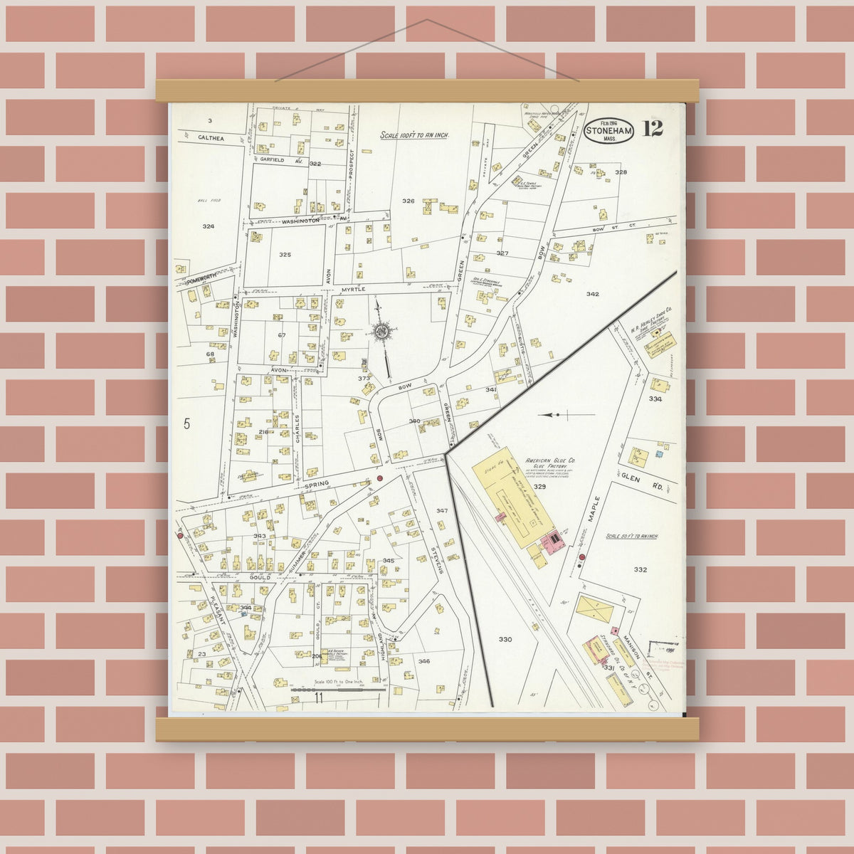 Old map wall art mockup — magnetic wood frame on brick wall — Sanborn Fire Insurance Map from Stoneham, Middlesex County, Massachusetts (1916), Sheet #0012