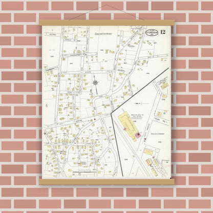 Old map wall art mockup — magnetic wood frame on brick wall — Sanborn Fire Insurance Map from Stoneham, Middlesex County, Massachusetts (1916), Sheet #0012