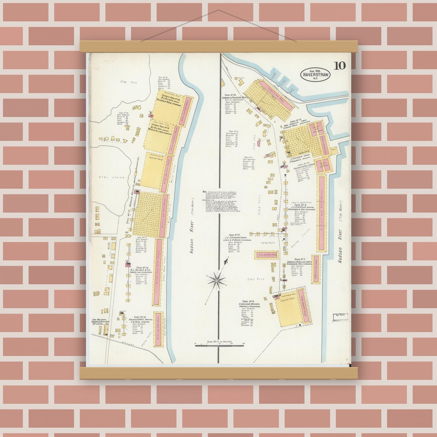 Old map wall art mockup — magnetic wood frame on brick wall — Sanborn Fire Insurance Map from Haverstraw, Rockland County, New York (1903), Sheet #0010