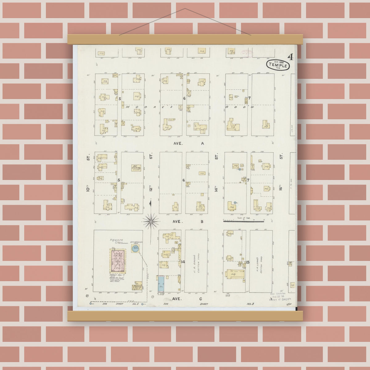 Old map wall art mockup — magnetic wood frame on brick wall — Sanborn Fire Insurance Map from Temple, Bell County, Texas (1888), Sheet #0004