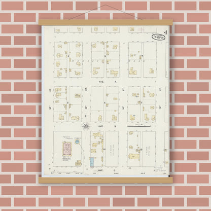 Old map wall art mockup — magnetic wood frame on brick wall — Sanborn Fire Insurance Map from Temple, Bell County, Texas (1888), Sheet #0004