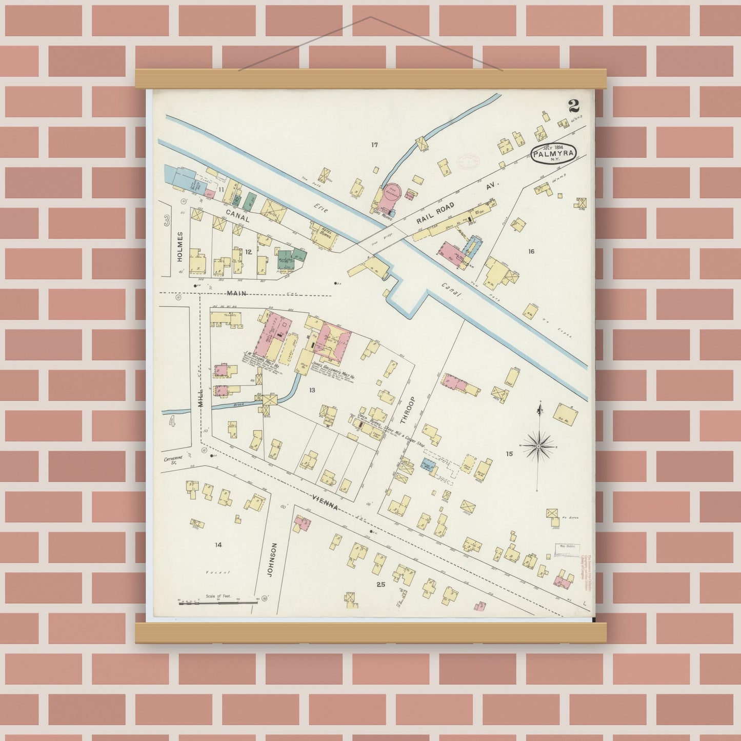 Old map wall art mockup — magnetic wood frame on brick wall — Sanborn Fire Insurance Map from Palmyra, Wayne County, New York (1894) - Complete Map Set