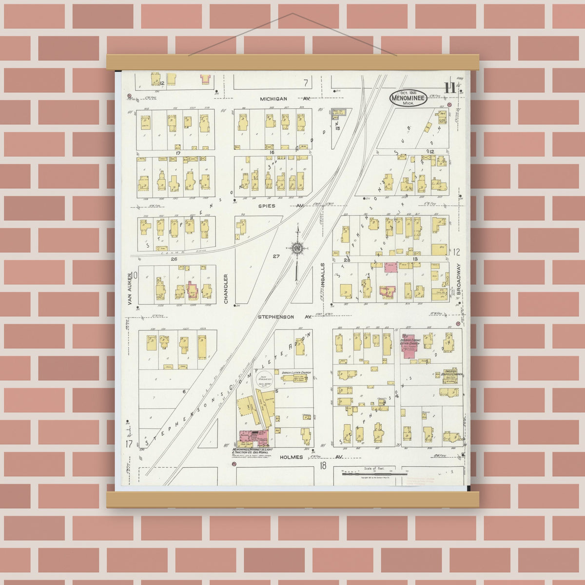 Old map wall art mockup — magnetic wood frame on brick wall — Sanborn Fire Insurance Map from Menominee, Menominee County, Michigan (1921), Sheet #0011