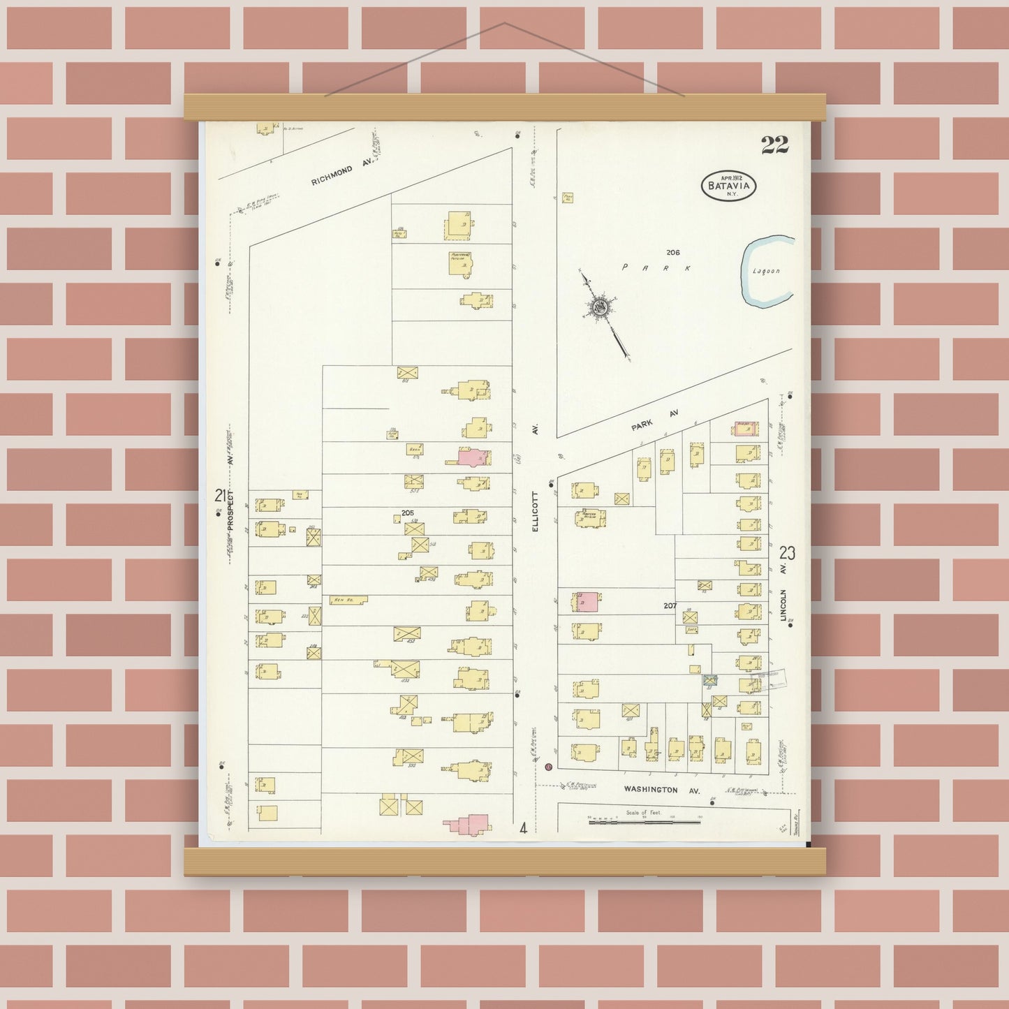 Old map wall art mockup — magnetic wood frame on brick wall — Sanborn Fire Insurance Map from Batavia, Genesee County, New York (1912), Sheet #0022