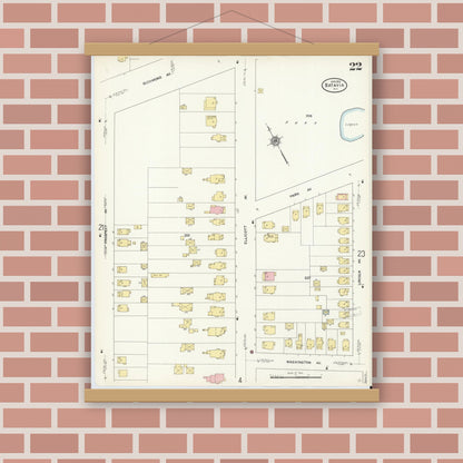 Old map wall art mockup — magnetic wood frame on brick wall — Sanborn Fire Insurance Map from Batavia, Genesee County, New York (1912), Sheet #0022