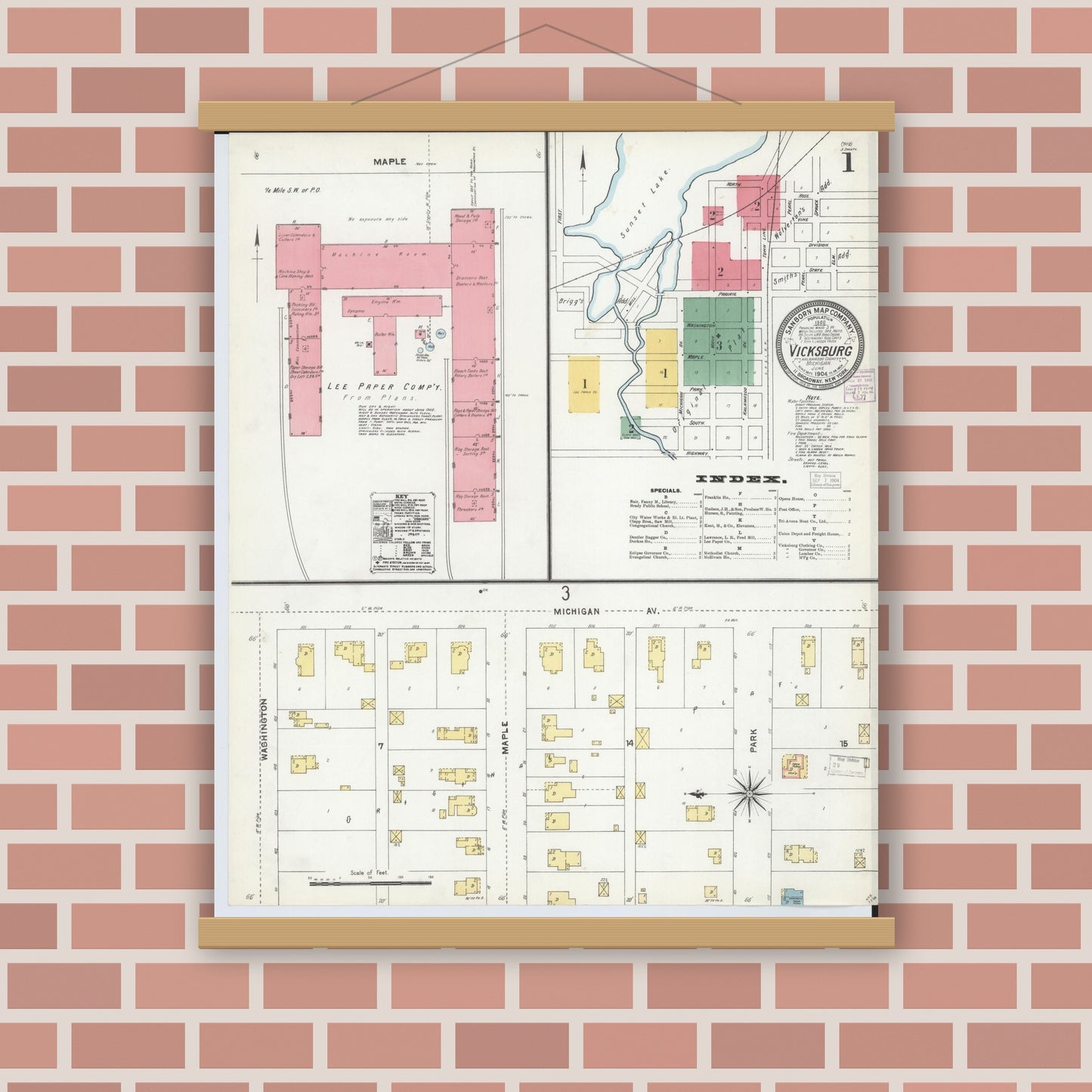 Old map wall art mockup — magnetic wood frame on brick wall — Sanborn Fire Insurance Map from Vicksburg, Kalamazoo County, Michigan (1904), Sheet #0001