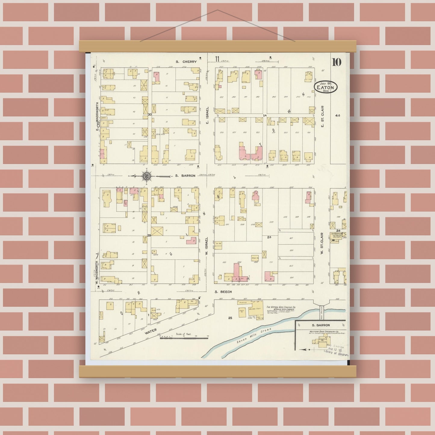 Old map wall art mockup — magnetic wood frame on brick wall — Sanborn Fire Insurance Map from Eaton, Preble County, Ohio (1911), Sheet #0010