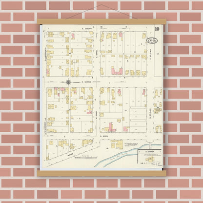 Old map wall art mockup — magnetic wood frame on brick wall — Sanborn Fire Insurance Map from Eaton, Preble County, Ohio (1911), Sheet #0010