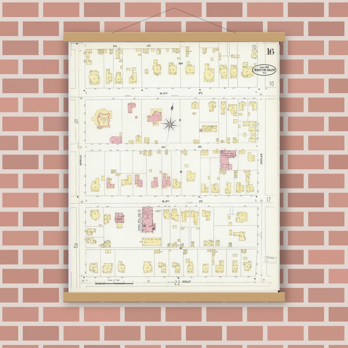 Old map wall art mockup — magnetic wood frame on brick wall — Sanborn Fire Insurance Map from Winston-Salem, Forsyth County, North Carolina (1907), Sheet #0016