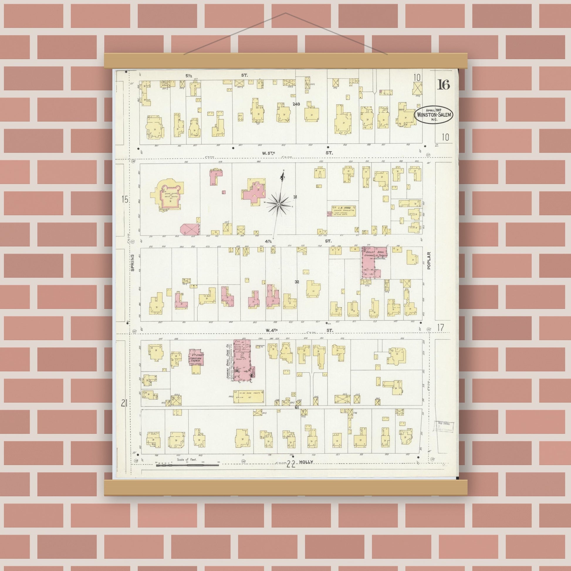 Old map wall art mockup — magnetic wood frame on brick wall — Sanborn Fire Insurance Map from Winston-Salem, Forsyth County, North Carolina (1907), Sheet #0016