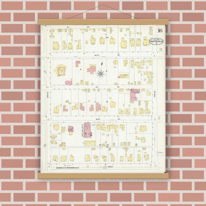 Old map wall art mockup — magnetic wood frame on brick wall — Sanborn Fire Insurance Map from Winston-Salem, Forsyth County, North Carolina (1907), Sheet #0016