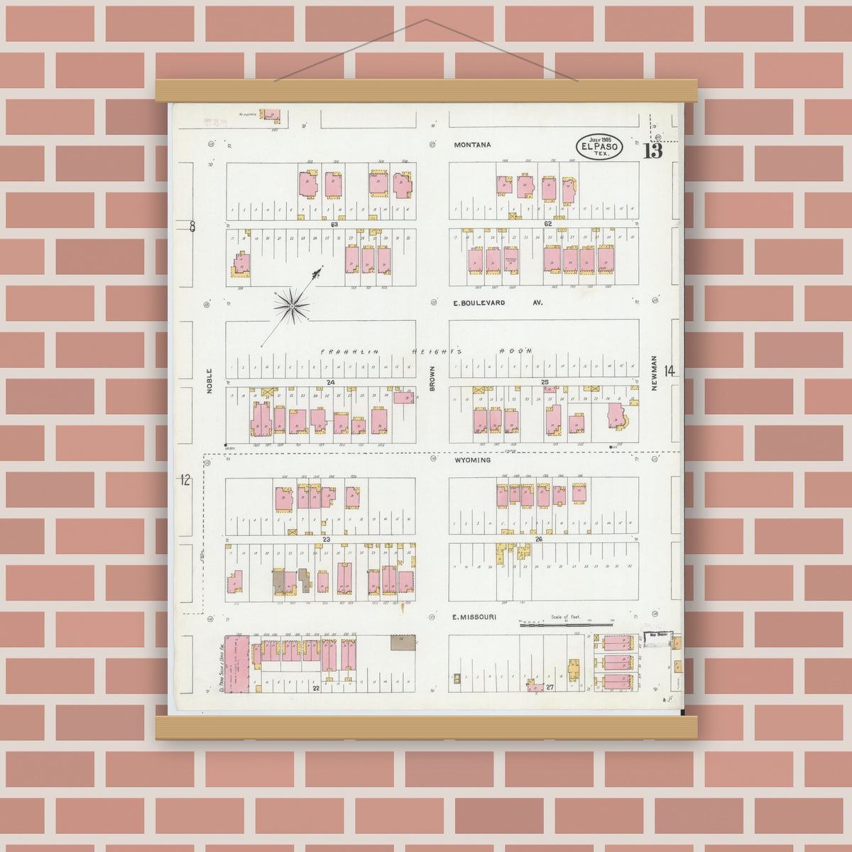 Old map wall art mockup — magnetic wood frame on brick wall — Sanborn Fire Insurance Map from El Paso, El Paso County, Texas (1905), Sheet #0013
