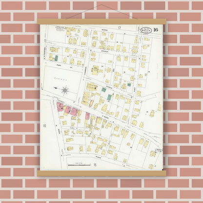 Old map wall art mockup — magnetic wood frame on brick wall — Sanborn Fire Insurance Map from Natick, Middlesex County, Massachusetts (1909), Sheet #0016