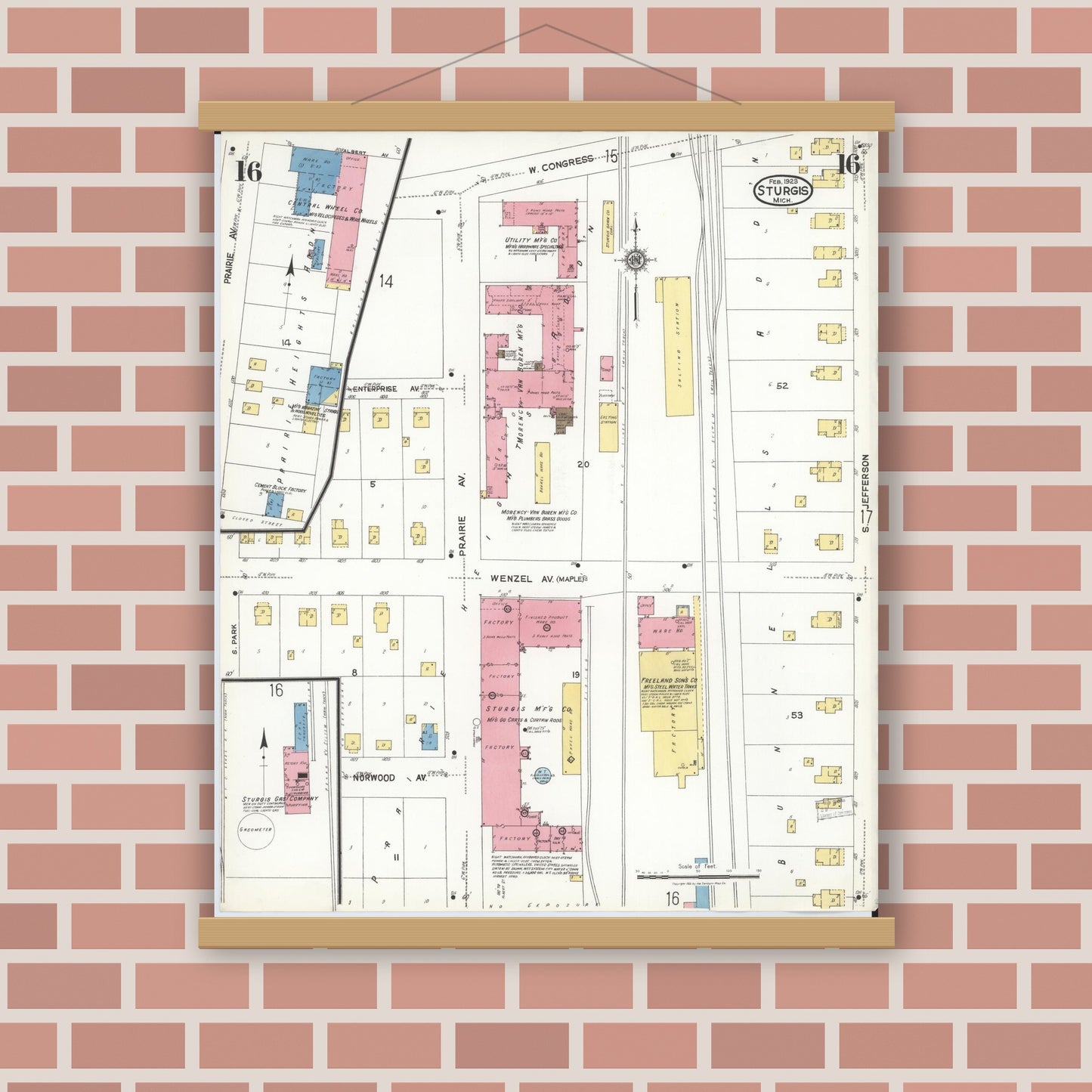 Old map wall art mockup — magnetic wood frame on brick wall — Sanborn Fire Insurance Map from Sturgis, Saint Joseph County, Michigan (1923), Sheet #0016