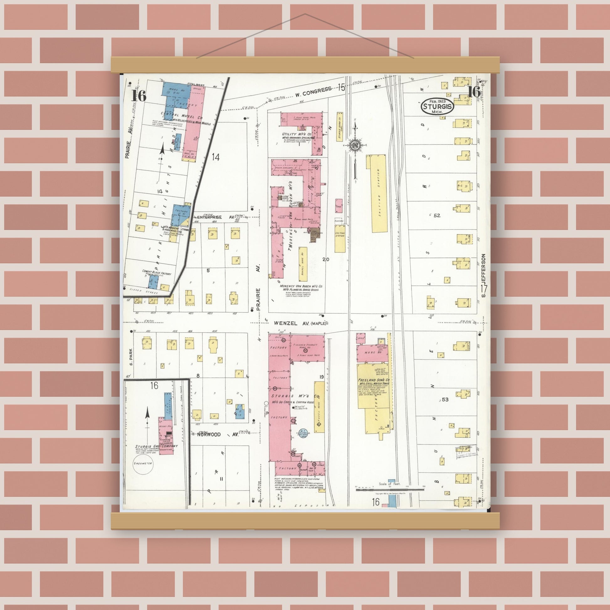 Old map wall art mockup — magnetic wood frame on brick wall — Sanborn Fire Insurance Map from Sturgis, Saint Joseph County, Michigan (1923), Sheet #0016