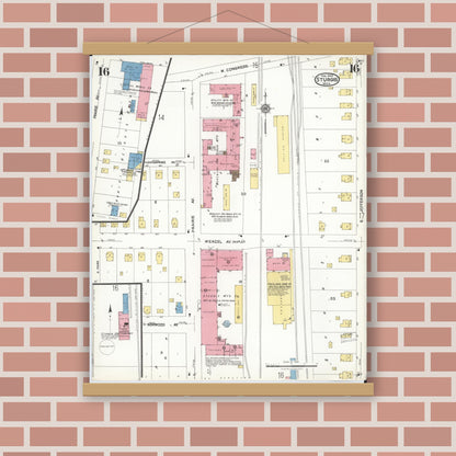 Old map wall art mockup — magnetic wood frame on brick wall — Sanborn Fire Insurance Map from Sturgis, Saint Joseph County, Michigan (1923), Sheet #0016
