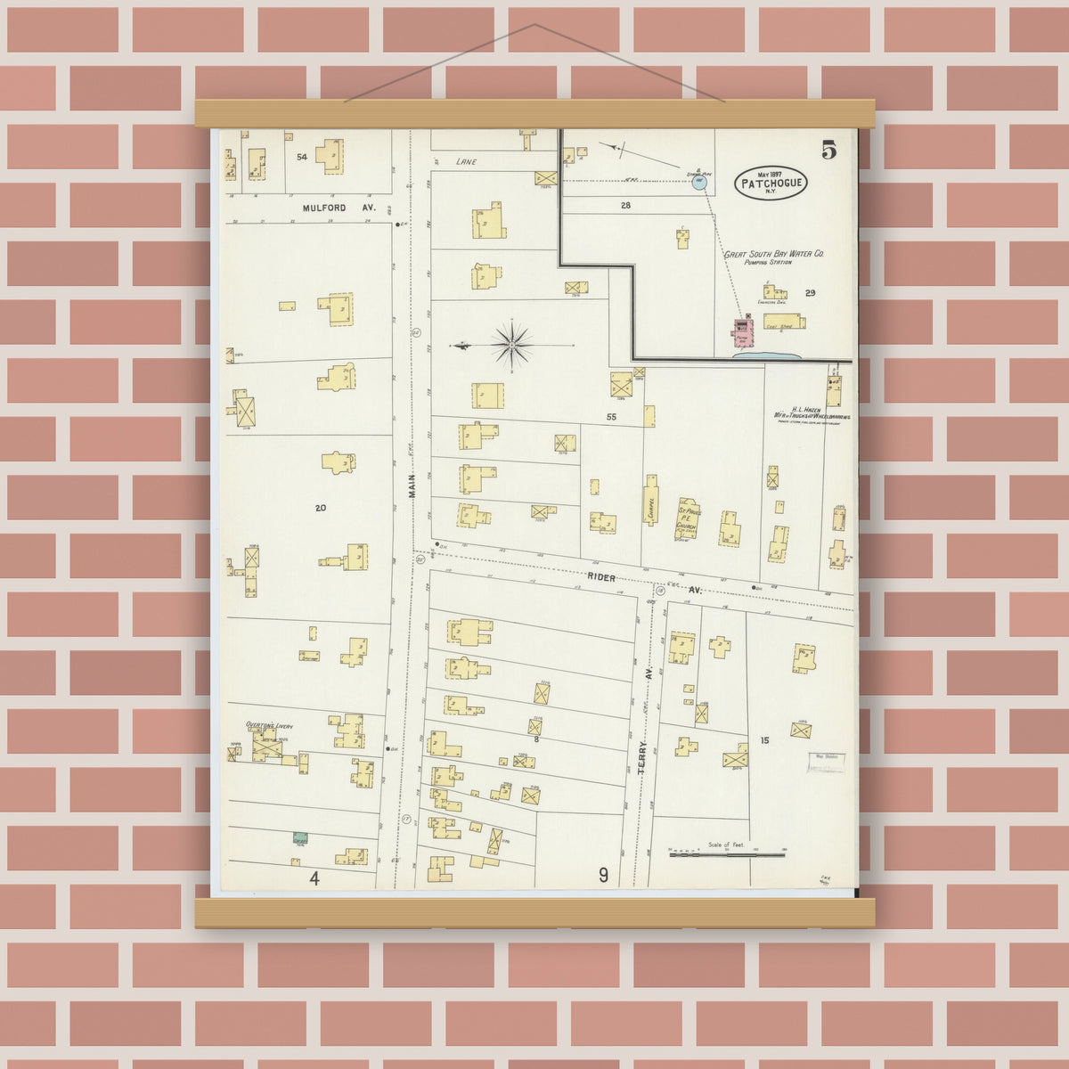Old map wall art mockup — magnetic wood frame on brick wall — Sanborn Fire Insurance Map from Patchogue, Suffolk County, New York (1897), Sheet #0005