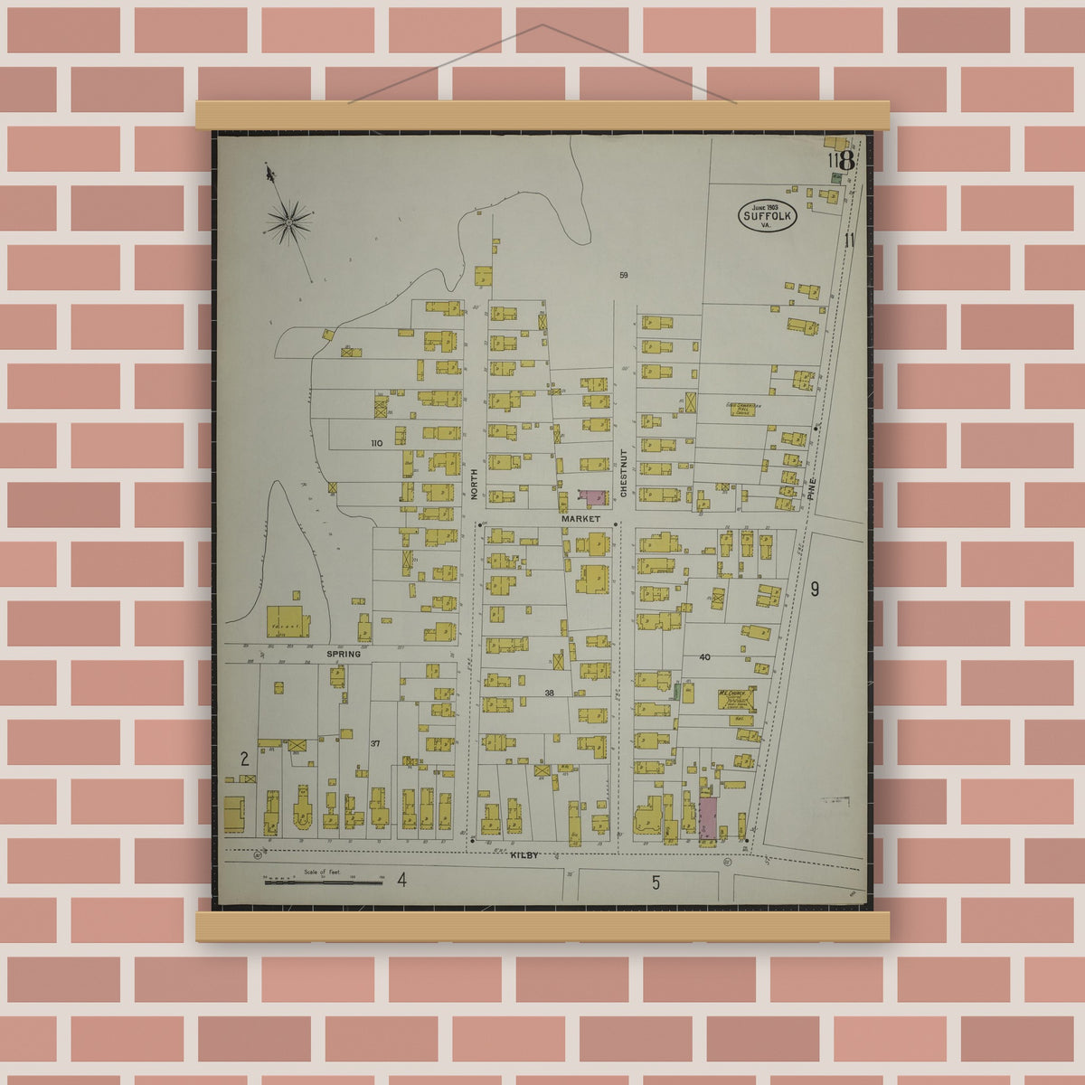 Old map wall art mockup — magnetic wood frame on brick wall — Sanborn Fire Insurance Map from Suffolk, Independent Cities, Virginia (1903), Sheet #0008