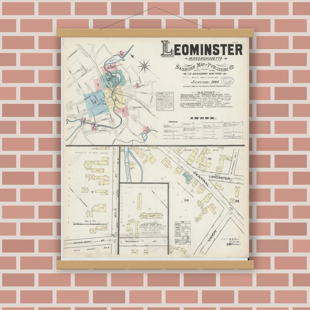 Old map wall art mockup — magnetic wood frame on brick wall — Sanborn Fire Insurance Map from Leominster, Worcester County, Massachusetts (1884) - Complete Map Set