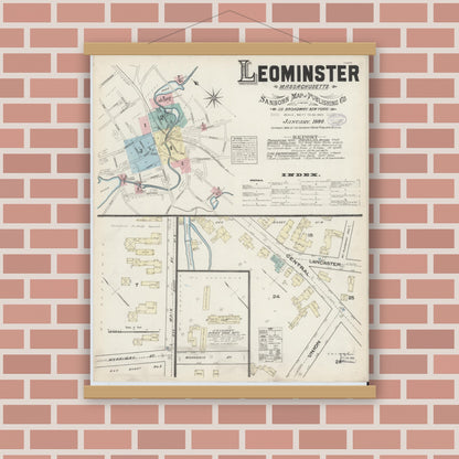 Old map wall art mockup — magnetic wood frame on brick wall — Sanborn Fire Insurance Map from Leominster, Worcester County, Massachusetts (1884) - Complete Map Set
