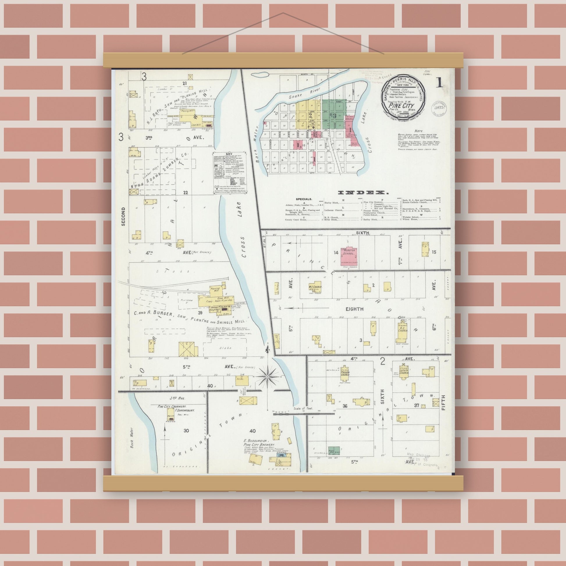 Old map wall art mockup — magnetic wood frame on brick wall — Sanborn Fire Insurance Map from Pine City, Pine County, Minnesota (1899), Sheet #0001