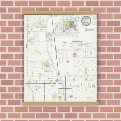 Old map wall art mockup — magnetic wood frame on brick wall — Sanborn Fire Insurance Map from Pine City, Pine County, Minnesota (1899), Sheet #0001