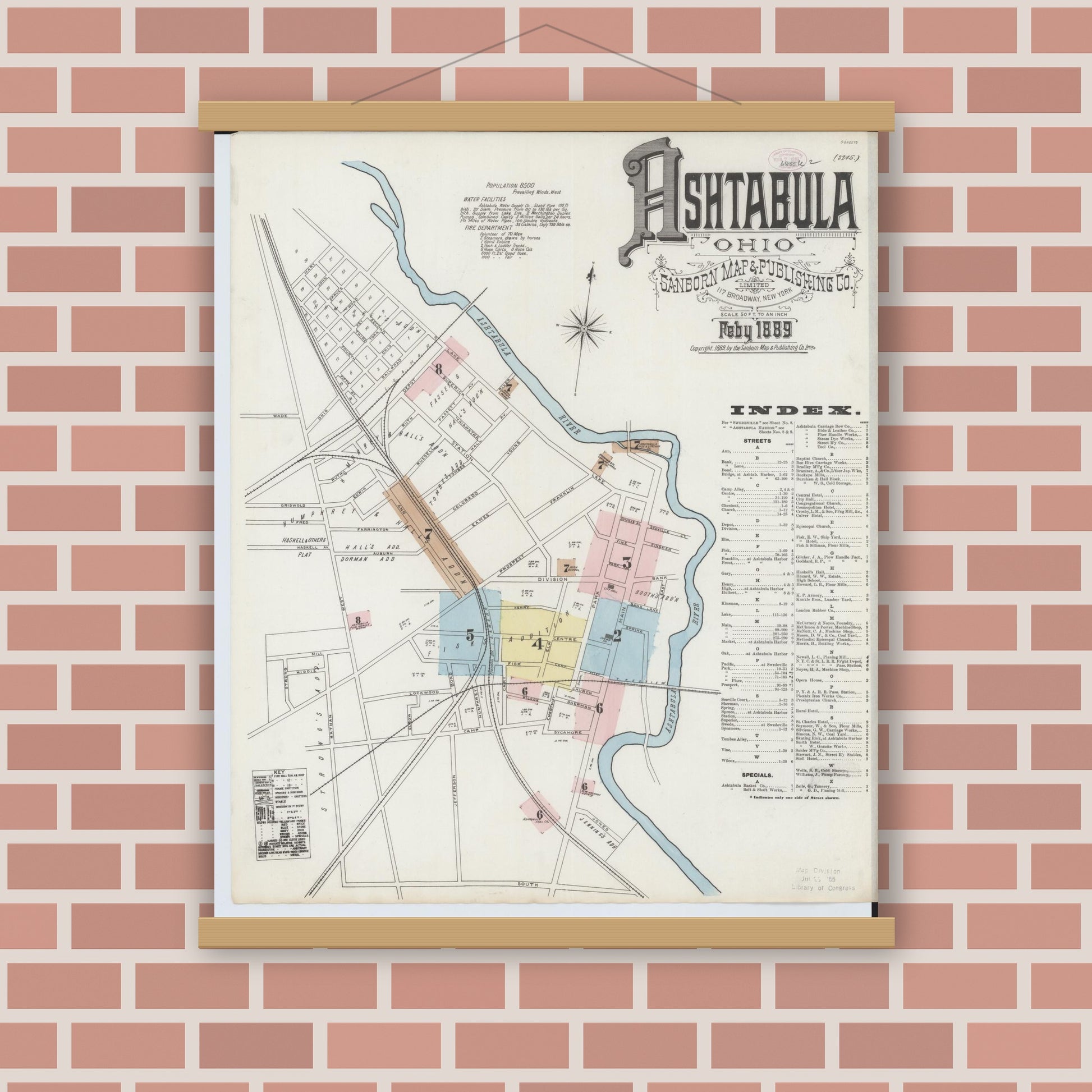 Old map wall art mockup — magnetic wood frame on brick wall — Sanborn Fire Insurance Map from Ashtabula, Ashtabula County, Ohio (1889), Sheet #0001