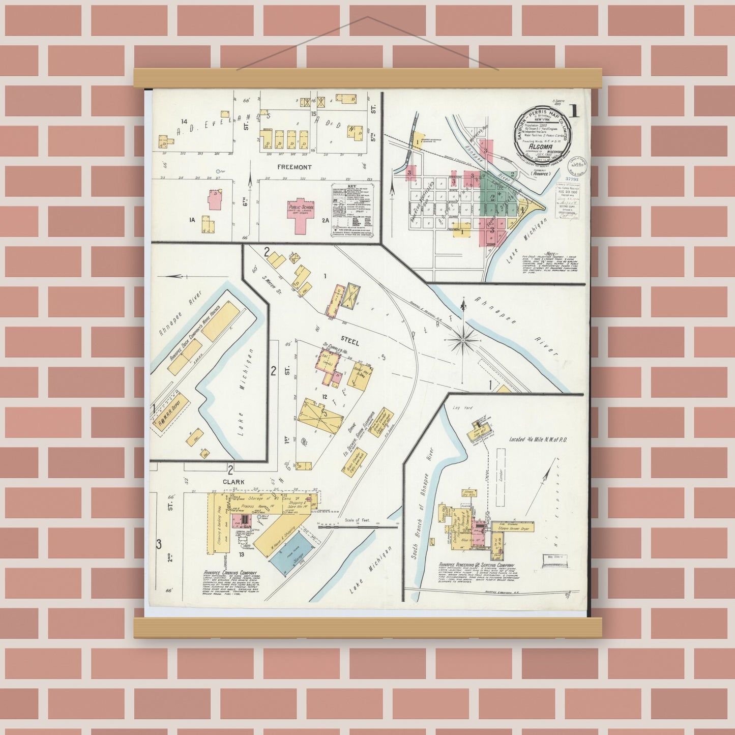 Old map wall art mockup — magnetic wood frame on brick wall — Sanborn Fire Insurance Map from Algoma, Kewaunee County, Wisconsin (1900), Sheet #0001