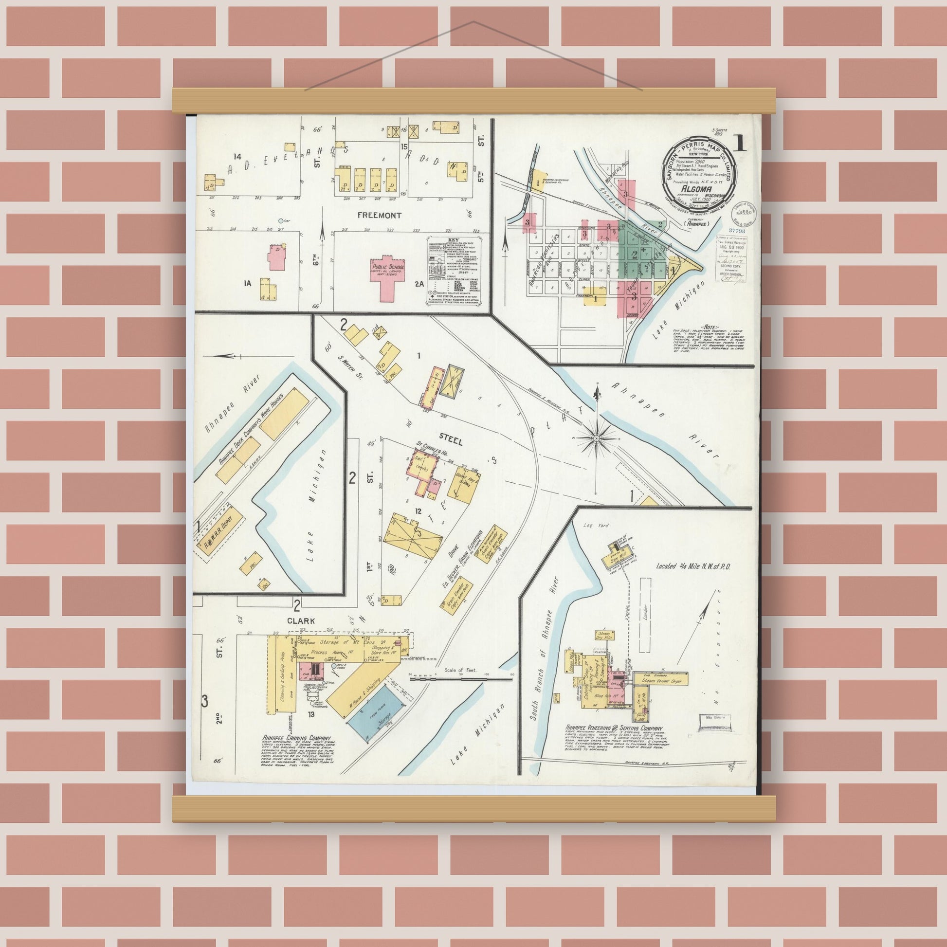 Old map wall art mockup — magnetic wood frame on brick wall — Sanborn Fire Insurance Map from Algoma, Kewaunee County, Wisconsin (1900), Sheet #0001